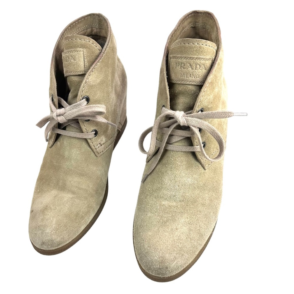 Prada women’s Tan Suede Rounded Toe Lace-Up Wedges Size: 38 - Picture 11 of 16